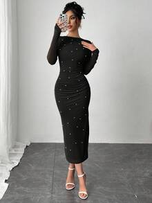 Firerie Đầm dài ôm sát xẻ tà cao thanh lịch dành cho nữ, màu trơn đính ngọc trai giả, xuân/thu - màu đen - Xem 5