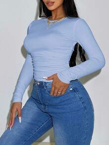 Zolique Women's Casual Everyday Solid Color Long Sleeve Ruched Fitted Cropped T-Shirt, Spring/Autumn - Blue - View 4
