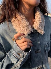 DAZY 女式撞色领休闲牛仔夹克，秋季 - 藍色 - 查看 5