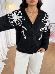 Firerie Plus Size Elegant Floral Decor Cardigan, Suitable For Commuting, Autumn/Winter - Black and White - View 3