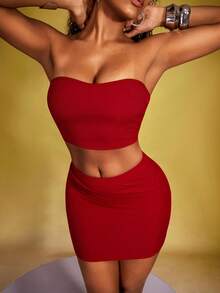 SHEIN Solid Crop Tube Top & Bodycon Skirt - Red - View 5