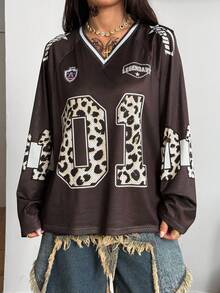 Coolane Women's Fall Streetwear Y2K Sport Leopard Print Number Graphic Football Long Sleeve V-Neck Jersey T-Shirt - Multicolor - View 6