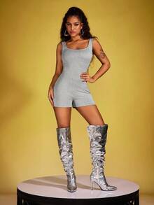 INAWLY Solva 女款纯色贴身连体短裤，褶皱细节和宽大的圆领设计 - 灰色 - 查看 3