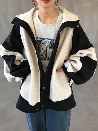 FRIFUL معطف نسائي جاكيت كارديجان فضفاضة الذيل مع ياقة من الفرو الاصطناعي وتصميم لوحات متباينة