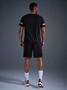 DRIFTMERE 男士夏季短袖运动套装（两件套），休闲运动圆领T恤+短裤，健身服 - 黑色 - 查看 2