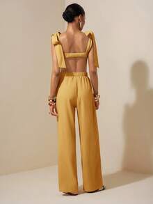Zivah Beach New Spring And Summer Casual Holiday Bowknot Shoulder Straps Chest-Wrapped Heart Collar Cropped Top + Wide-Leg Super Trousers Apricot Women's Two Pieces Se,Textured Fabric Material
