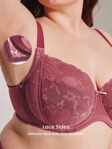 LUVLETTE 加大码女士全罩杯内衣休闲曲线支撑透气钢圈性感无衬垫显瘦酒红色蕾丝优雅文胸新娘内衣 - 玫瑰紅 - 查看 5
