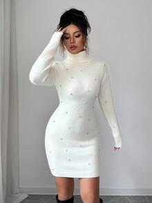 Rafferiza Elegant Women's Off-White Autumn Sweater Dress,High-Neck Long-Sleeved Woolen Diamond-Studded Cinched Waist Dress For Dinner Date Christmas Casual - Beige - View 5