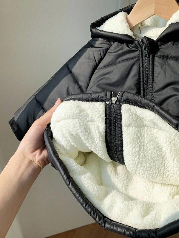 SHEIN Young Girl/Young Boy   Solid Color Hooded Casual Padded Coat Toddler Boy Winter Coat Boys Winter Coat Kids Winter Coat Kids Black Hooded Coat Boys Hooded Winter Coat Toddler Black Winter Coat Brothers And Sisters - The Same Model Girl   Young Boy   Hooded Winter Coat With Warm Fleece Lining For Cold Weather  Young Girls  Young Boy   Cozy Black Puffer Jacket With Soft Sherpa Interior For Winter Fall