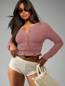 MISSGUIDED Ruched Crop Button Up Top Long Sleeve Casual Fitted Peplum Waist Holiday Resort Beach Travel Classic Striped Spring Summer Top Christmas - Burgundy - View 4