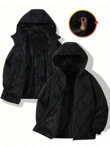 SHEIN 青少年男孩厚款連帽拉鍊黑色冬季外套，休閒俱樂部梭織外衣，適合學校、花園、生日、秋季 - 黑色 - 查看 5