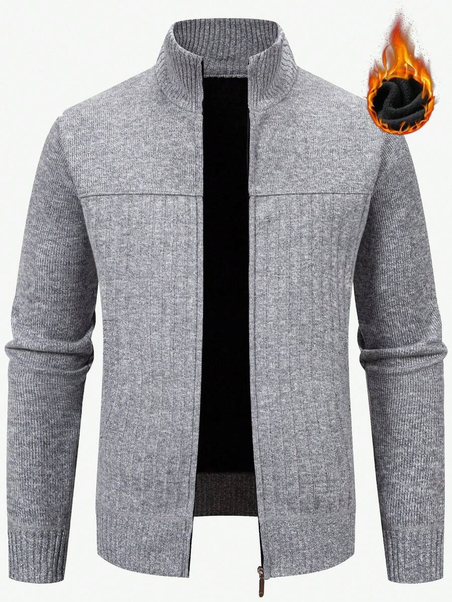 Manfinity Mode Men's Autumn/Winter Long Sleeve Zip-Up Casual Thermal Lined Knit Cardigan, Fall Winter - Light Grey - View 1