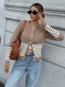 Chiquease Áo khoác cardigan sọc màu đơn giản dành cho nữ khi đi làm - Màu Khaki - Xem 6