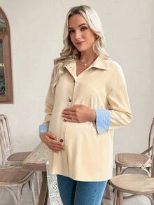 SHEIN Locker geschnittene, mittelange gestreifte Patchwork-Umstandsjacke, geeignet für Frauen