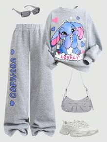 SHEIN 青少年女孩宽松休闲罗纹印花长袖连帽衫和运动裤套装 - 灰色 - 查看 1