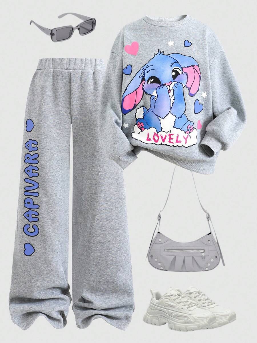 SHEIN 青少年女孩宽松休闲罗纹印花长袖连帽衫和运动裤套装 - 灰色 - 查看 1