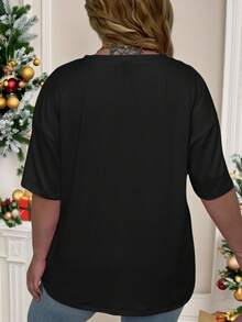 EMERY ROSE Women's Casual Christmas T-Shirt With Letter Print V-Neck Short Sleeves, Machine Washable, Plus Size Women's Clothing, Spring/Summer - Black - View 2