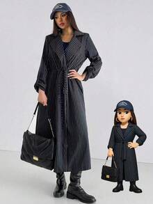 Aidyla 女式条纹海军蓝长袖通勤腰带隧道褶皱风衣，秋季 - 藏蓝色 - 查看 1