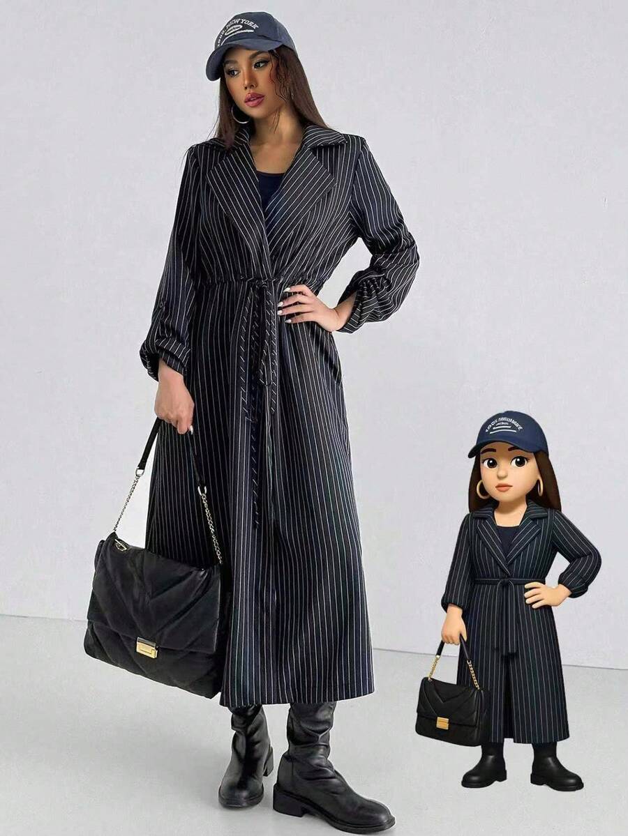 Aidyla 女式条纹海军蓝长袖通勤腰带隧道褶皱风衣，秋季 - 藏蓝色 - 查看 1