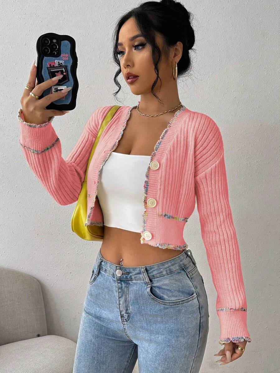 EMERY ROSE Women's Autumn Dropped Shoulder Long Sleeve Cropped Elegant Knitted Cardigan - Baby Pink - View 1