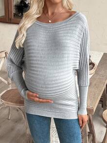 SHEIN Maternity Solid Color Crew Neck Pullover Sweater, Knitted Batwing Long Sleeve Boat Neck Ribbed Sweater For Autumn/Winter - Grey - View 3