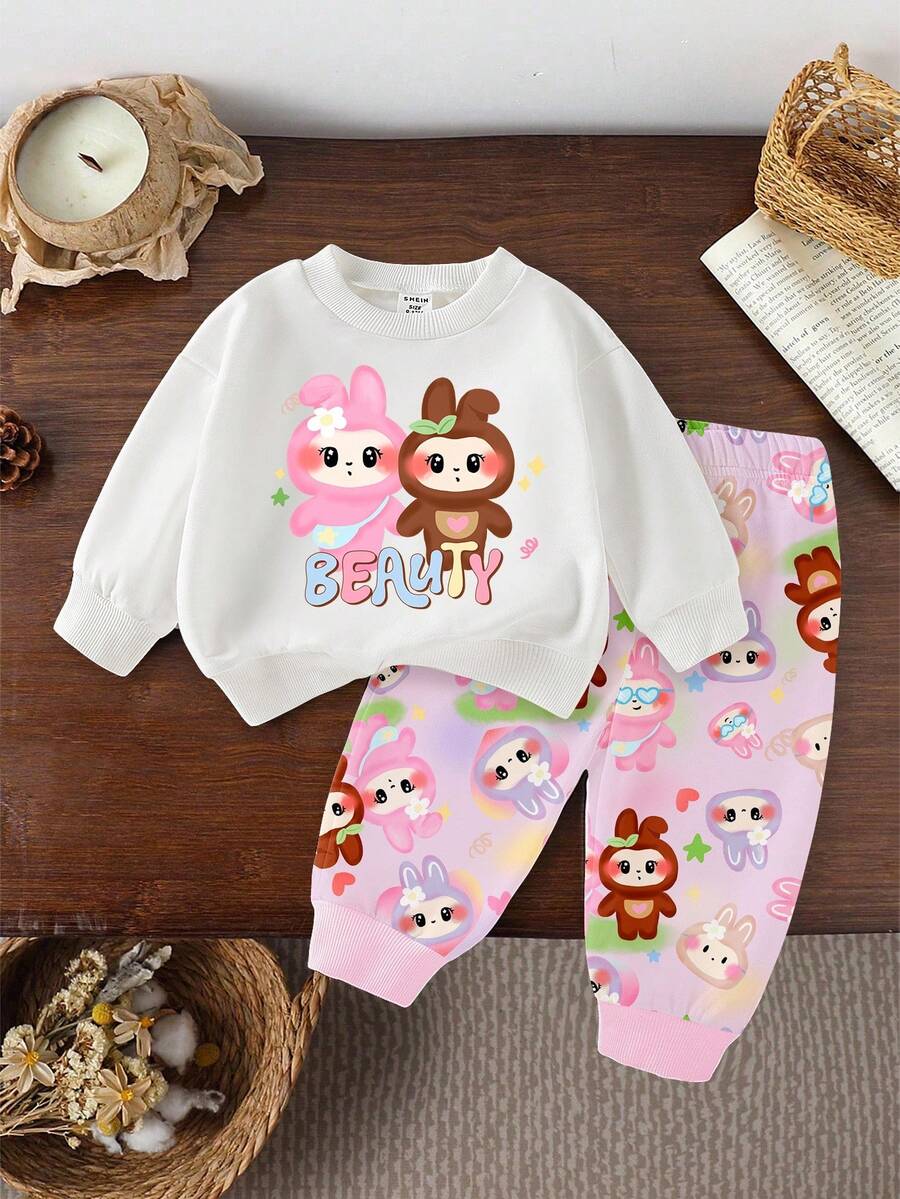 SHEIN 1 套女婴休闲可爱卡通兔子印花圆领运动衫和印花运动裤套装，秋冬 - 彩色 - 查看 1