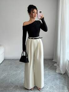 Rafferiza Macacão Assimétrico de Ombro Elegante e Contrastante para Uso Diário das Mulheres - Multicolorido - Visão 5
