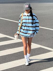 Muchica 女士休闲通勤学院风撞色条纹印花 Polo 领宽松长袖 T 恤，春秋季 - 彩色 - 查看 3