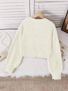 SHEIN 女童纯色简约日常圆领长袖短款套头衫 - 米色 - 查看 2