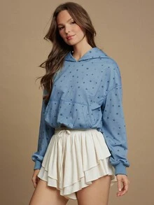 WESTFADE Áo hoodie tay dài dáng ngắn in hình ngôi sao, chất liệu vải French Terry mài bạc, viền phồng, kiểu dáng thường ngày, dễ thương, phong cách boho mùa thu, áo kiểu cao bồi, trang phục miền Tây đồng quê. - Màu xanh lam - Xem 4
