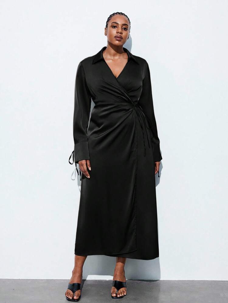 SHEIN Maija Plus Size Women's Turndown Collar Cinched Waist Waist Casual Dress, Suitable For Urban Commute, Business, Formal Occasions, Christmas, Halloween Party Satin Wrap Dress Wrap Dress Black Midi Dress Black Dress Satin Midi Dressspring To Summer Spring Outfit Womenvalentine's Day Carnival Fasching Women Costume Party Beach Wedding Vacation Casual
