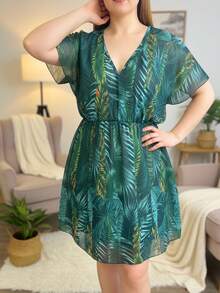 Swim Lushoire Plus Size V-Neck Plant Printed Batwing Sleeve Cover-Up, Suitable For Wearing On Beach Vacation And Swimming Pool,Summer Beach - Multicolor - View 3