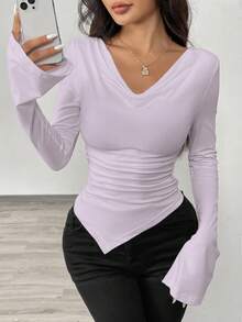 Zielony Scoop Neck Asymmetrical Neck Asymmetrical Hem Knit T-Shirt, Cinched Waist Fall Cloth For Women - Mauve Purple - View 3