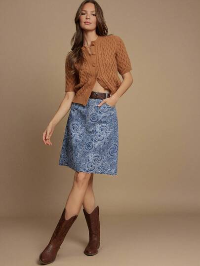 WESTFADE 高腰四口袋西部风格A字波西米亚佩斯利提花牛仔迷你裙，休闲可爱秋季乡村西部风女装