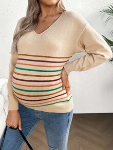 SHEIN Maternity Sweater, Loose Knit Colorblock Crew Neck Sweater, V-Neck Long Sleeve Fashionable Knit Top, Autumn/Winter - Apricot - View 1