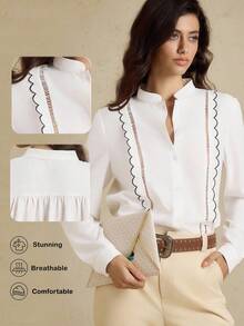 Briarwyn Camisa de manga larga con cuello en muesca, ribete de contraste y borde de concha, adecuada para ir al trabajo y uso diario, primavera/otoño