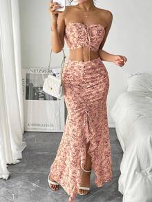 Pariaura 2 件套法式浪漫碎花百褶抹胸上衣和开衩裙，女士夏季服装 - 粉色 - 查看 6