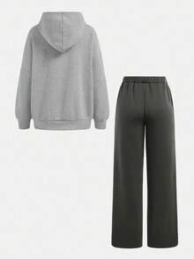 SHEIN 青少年女孩休闲宽松舒适连帽运动衫和裤子套装 - 灰色 - 查看 2
