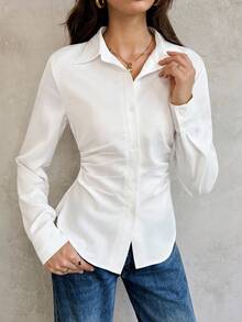 SHEIN LUNE 女式新款时尚百搭通勤缎面褶皱腰修身纽扣长袖衬衫 - 白色 - 查看 1
