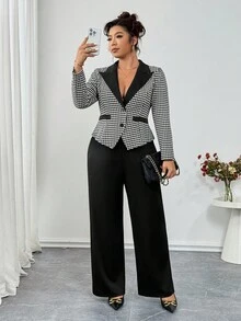 Elenzga Plus Size Elegant Formal Black And White Houndstooth Knit Patchwork Contrast Color Long Sleeve Blazer&Casual Straight Leg Pants 2 Pieces Set,Summer - Black and White - View 3
