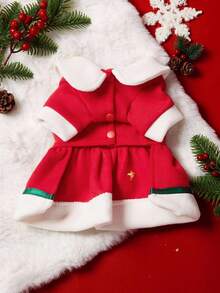 PETSIN 1pc Cat And Dog Clothes, Cute Red And Green Christmas Bell Snow Flower Dress, Autumn And Winter Pet Thick Warm Christmas Day Outfit - Red - View 8
