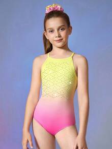 青少年女孩运动服，带水钻印花设计，健身、户外运动、舞蹈、瑜伽、体操连体衣 - 彩色 - 查看 5