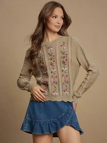 WESTFADE Mixed Stitch Round Neck Relaxed Fit Country Western Floral Embroidered Cable Knit Sweater Cute Fall Boho Top - Apricot - View 4