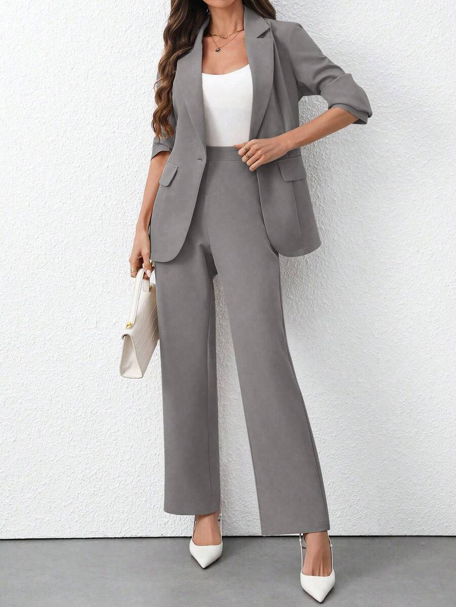 EMERY ROSE 女士纯色翻领时尚百搭商务西装外套+裤子套装 - 灰色 - 查看 1