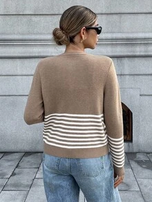 Chiquease Áo khoác cardigan sọc màu đơn giản dành cho nữ khi đi làm - Màu Khaki - Xem 2