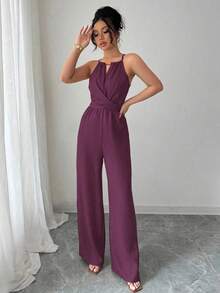 Elenzga 女式休闲卡其色褶皱面料吊带串珠腰带设计连体裤，春夏 - 紫色 - 查看 3