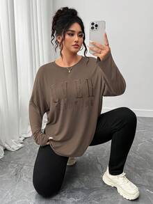 SHEIN LUNE CURVE Plus Size Casual Round Neck Long Sleeve Letter Embroidered T-Shirt - Brown - View 7