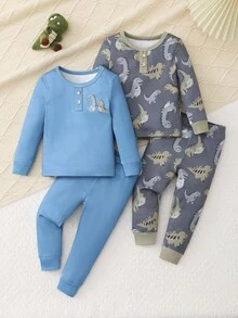 Toddler Boys' Dinosaur Cartoon Print Long Sleeve Bodysuit And Long Pants Set, Comfortable Soft Fabric Suitable For Baby Boy Casual Wear