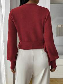EMERY ROSE Floral Wrap-Style Cropped V-Neck Tie-Waist Long Puff Sleeve Casual Elegant Women Sweater - Burgundy - View 2