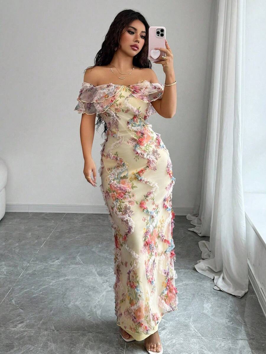 Elenzga 优雅荷叶边露肩修身腰身连衣裙，采用 3D 花卉网眼面料，浪漫 - 彩色 - 查看 1